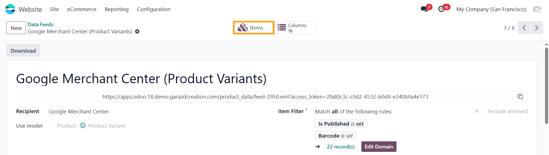 Odoo 18.0 Google Merchant Center GMC Product Data Feed Items Button
